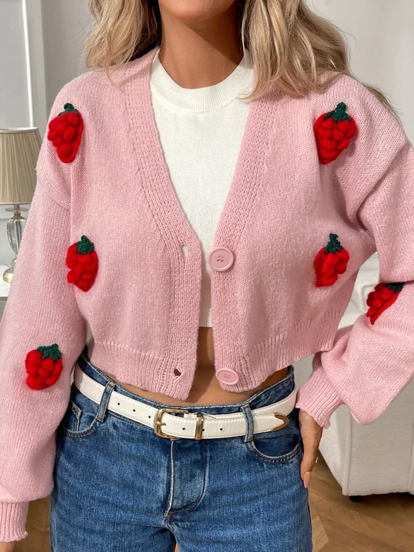 Strawberry Cropped Button - Up Cardigan - R - DRESS