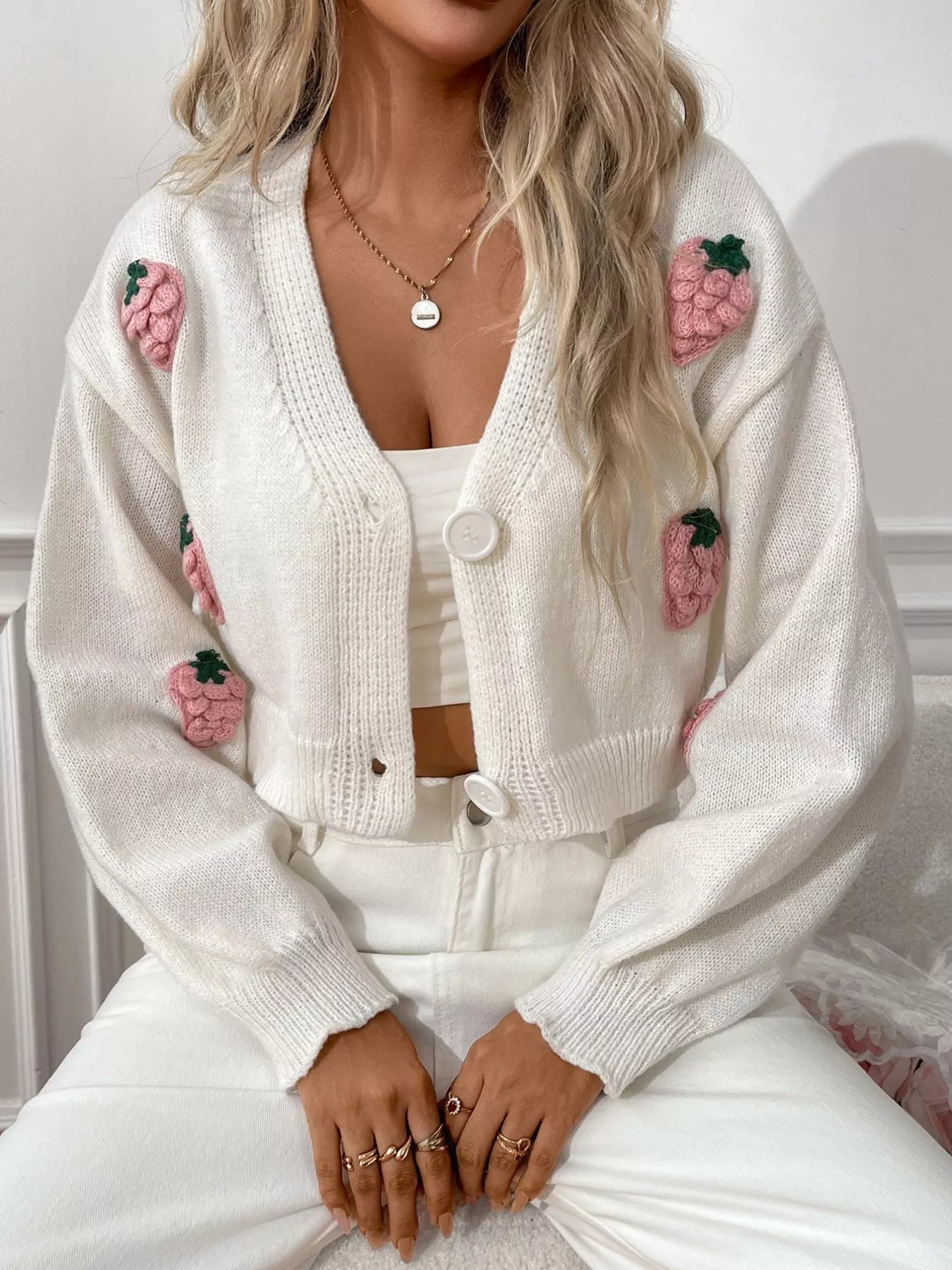 Strawberry Cropped Button - Up Cardigan - R - DRESS