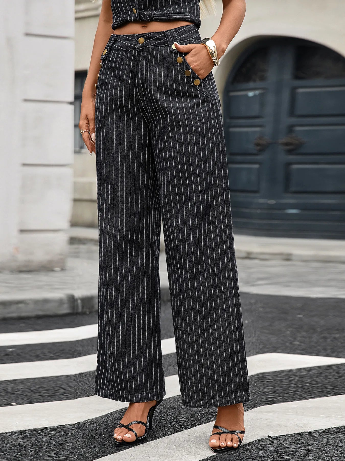 Striped Button Down Tank and Pants Denim Set - R - DRESS
