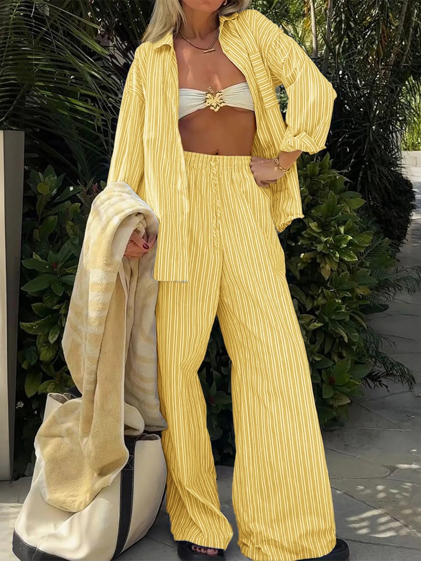 Striped Button Up Shirt and Pants Set - R - DRESS