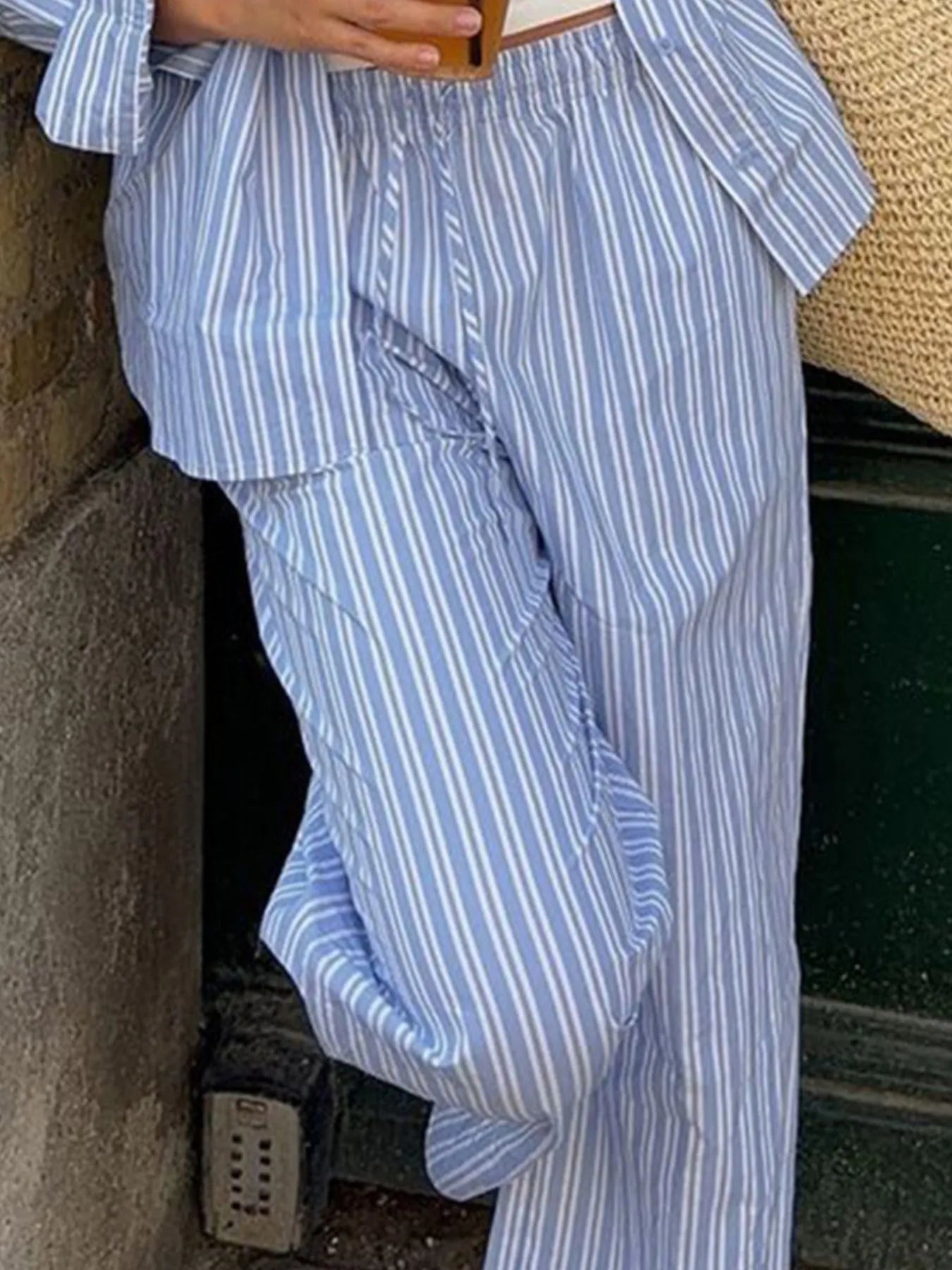 Striped Button Up Shirt and Pants Set - R - DRESS