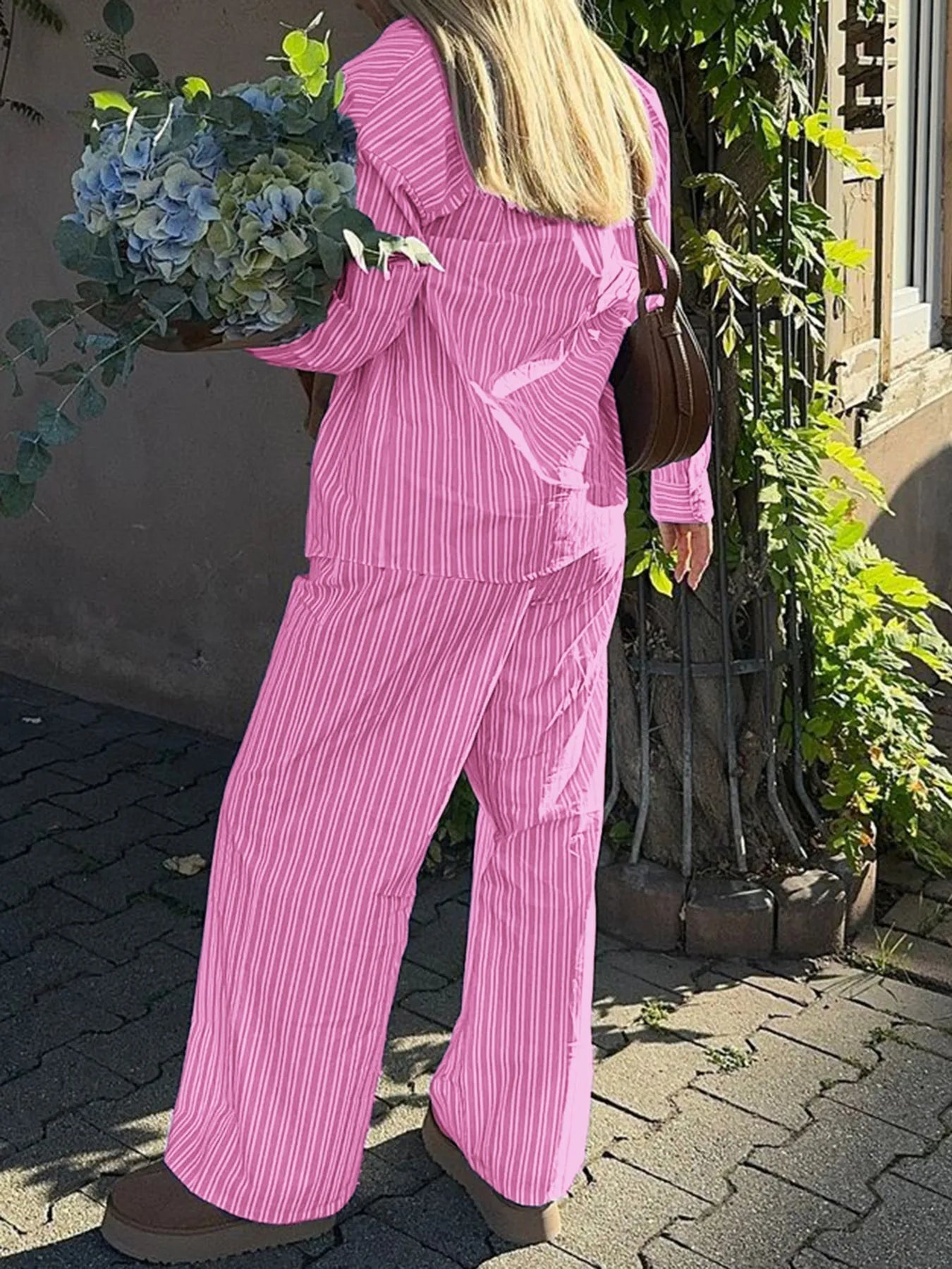 Striped Button Up Shirt and Pants Set - R - DRESS