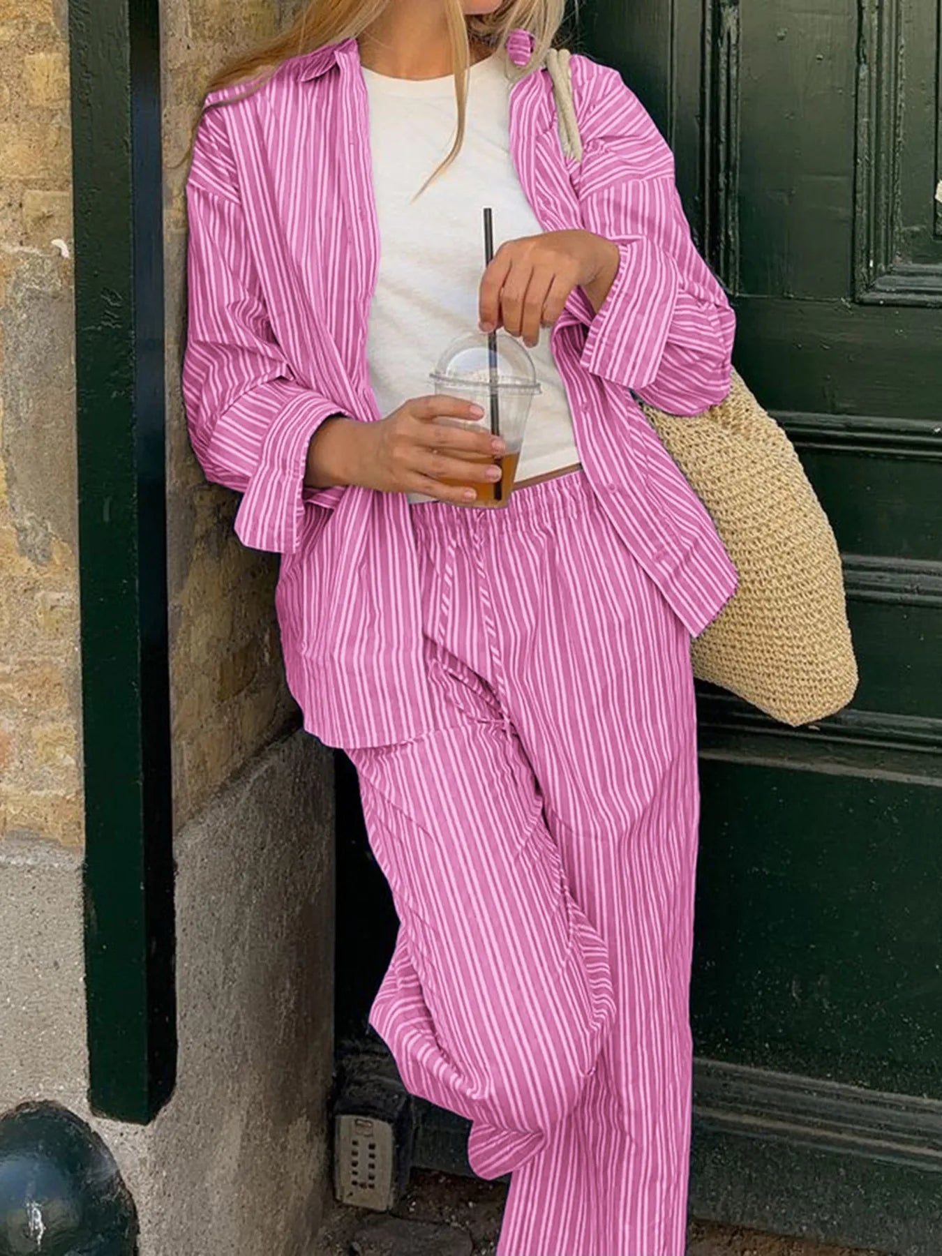 Striped Button Up Shirt and Pants Set - R - DRESS