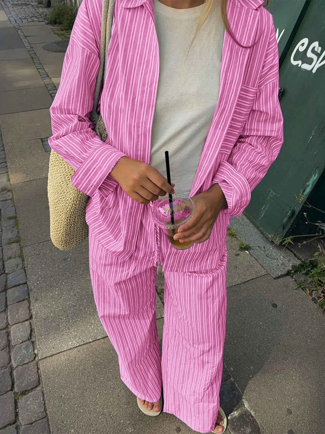 Striped Button Up Shirt and Pants Set - R - DRESS