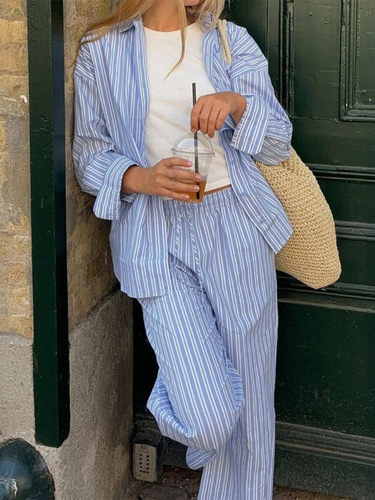 Striped Button Up Shirt and Pants Set - R - DRESS