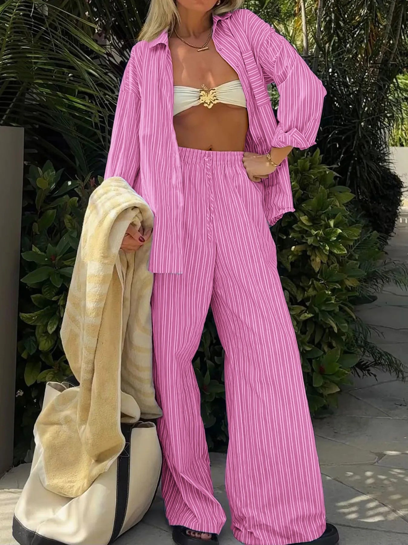 Striped Button Up Shirt and Pants Set - R - DRESS