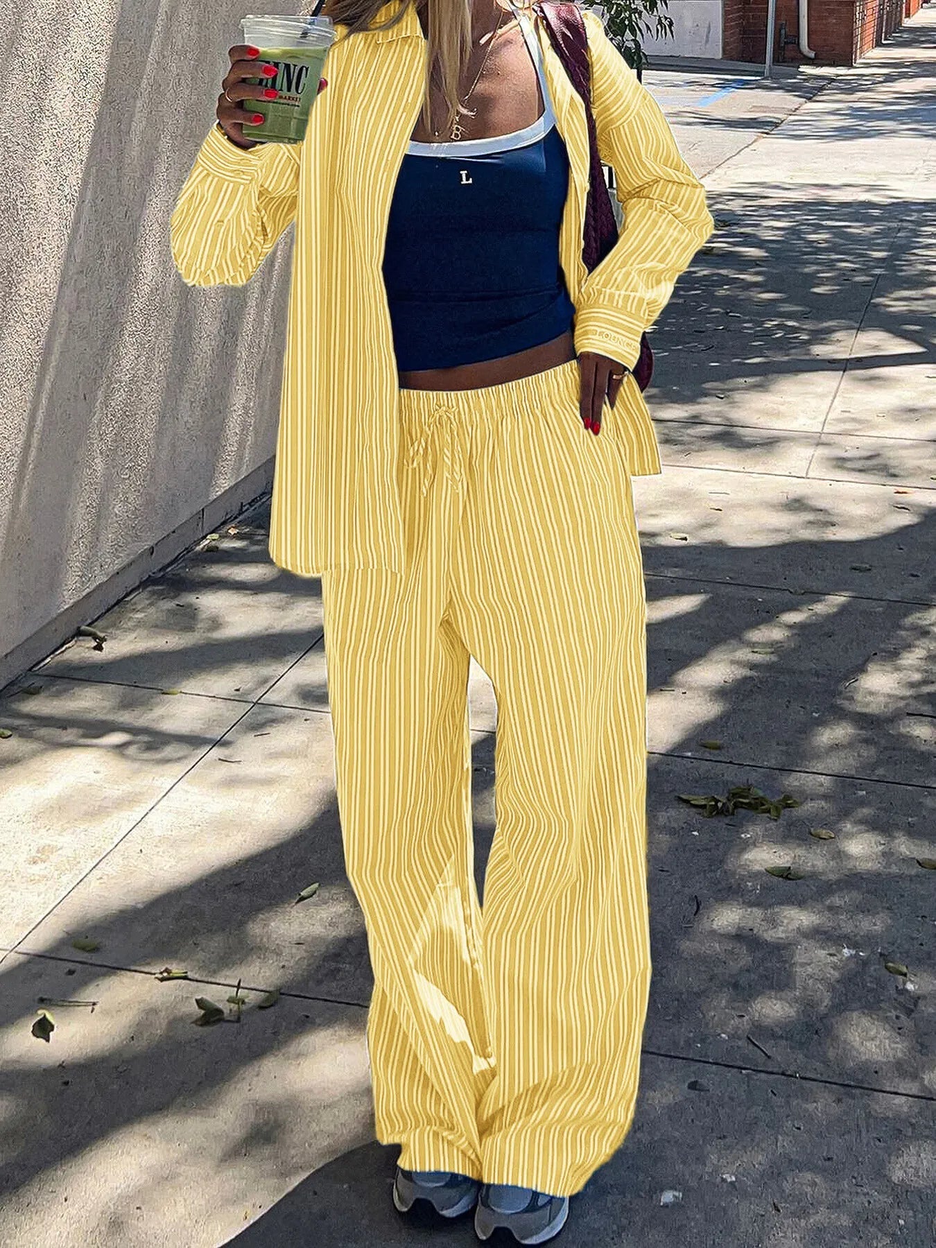 Striped Button Up Shirt and Pants Set - R - DRESS