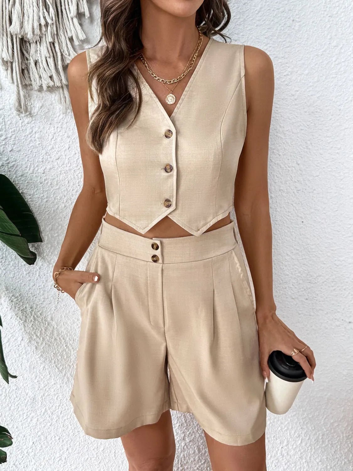 V - Neck Vest and Shorts Set - R - DRESS