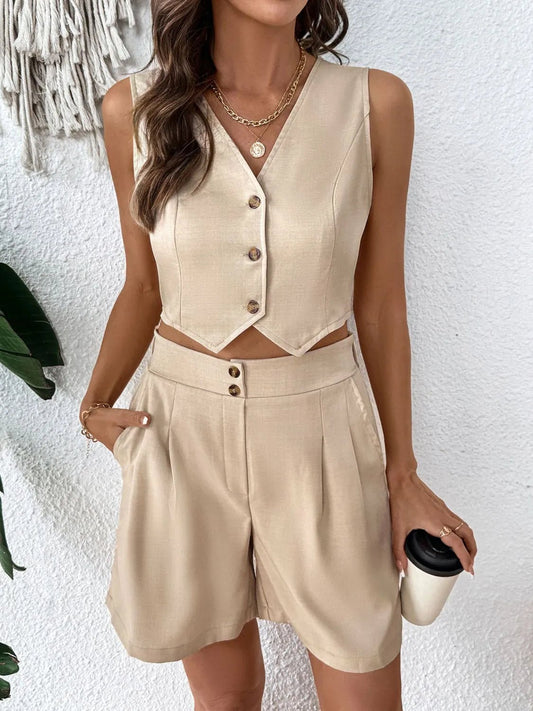 V - Neck Vest and Shorts Set - R - DRESS