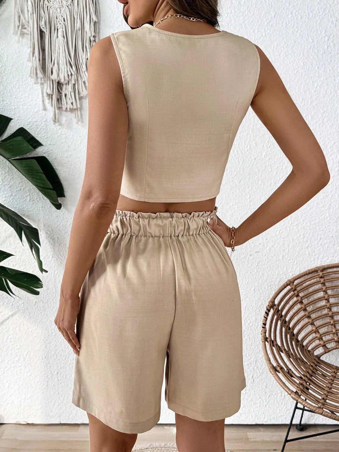 V - Neck Vest and Shorts Set - R - DRESS