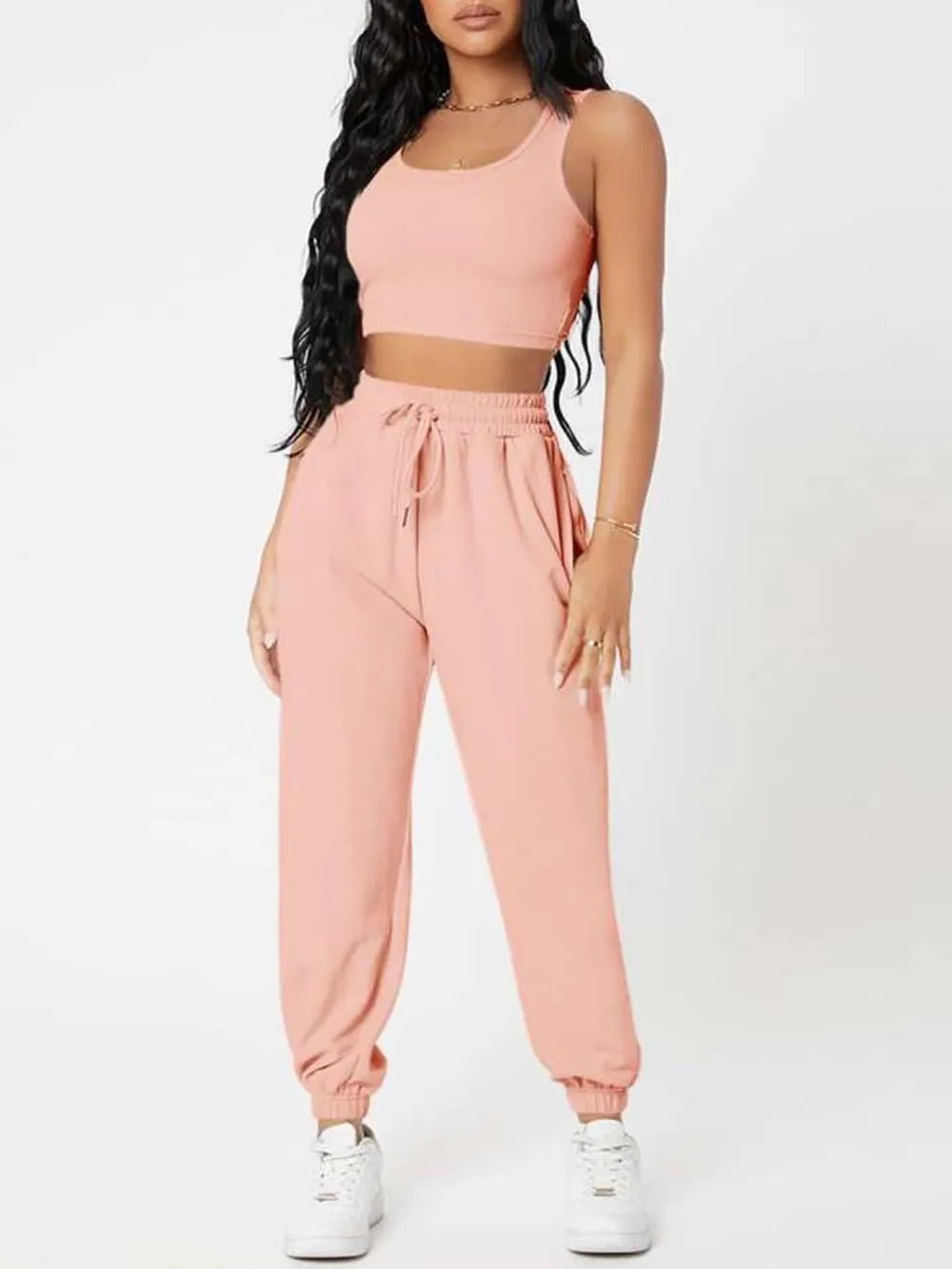 Wide Strap Top and Drawstring Joggers Set - R - DRESS