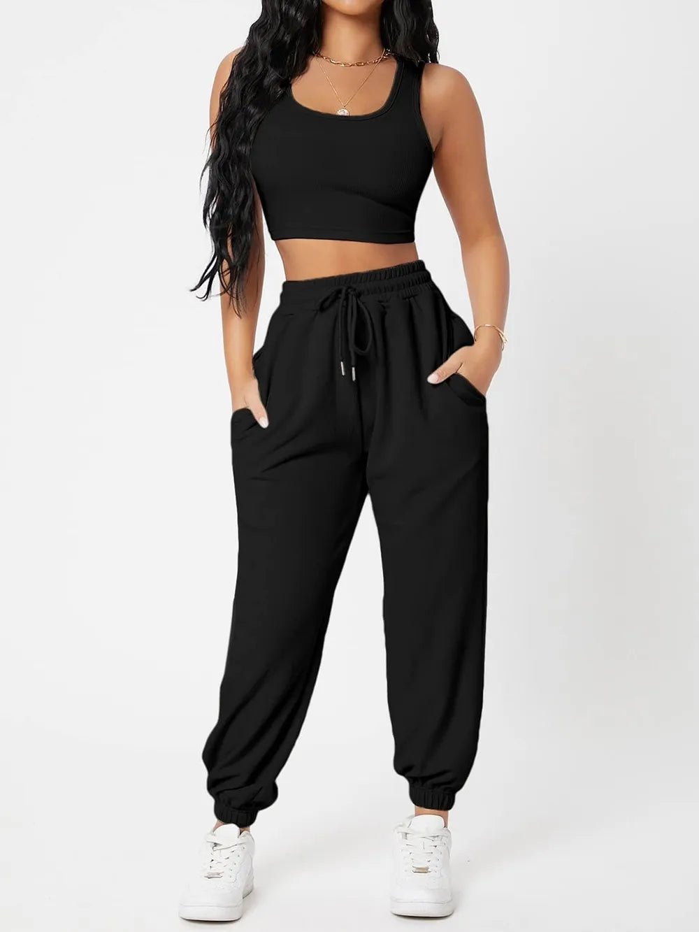 Wide Strap Top and Drawstring Joggers Set - R - DRESS