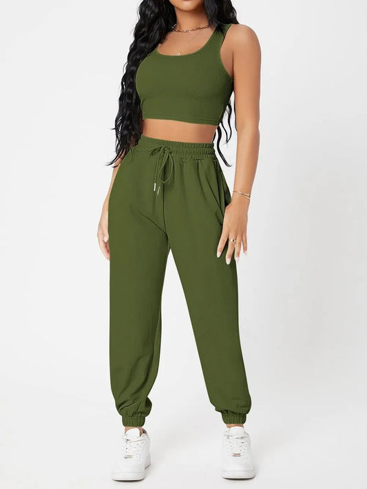 Wide Strap Top and Drawstring Joggers Set - R - DRESS