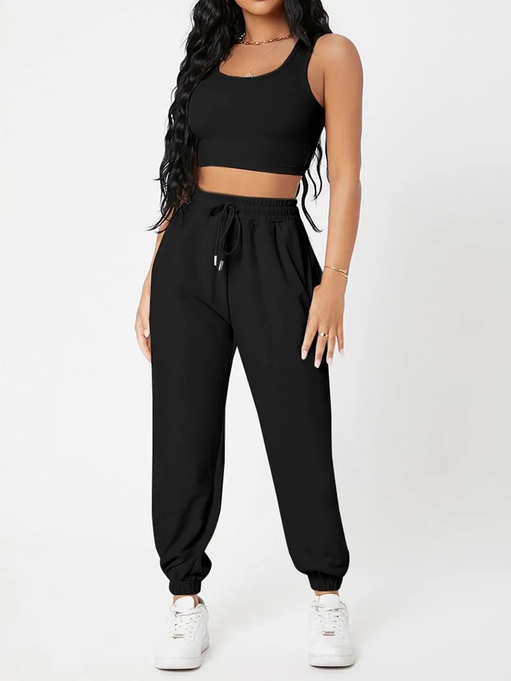 Wide Strap Top and Drawstring Joggers Set - R - DRESS
