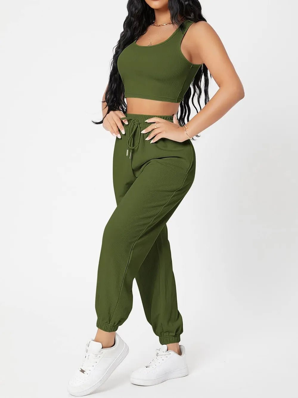 Wide Strap Top and Drawstring Joggers Set - R - DRESS