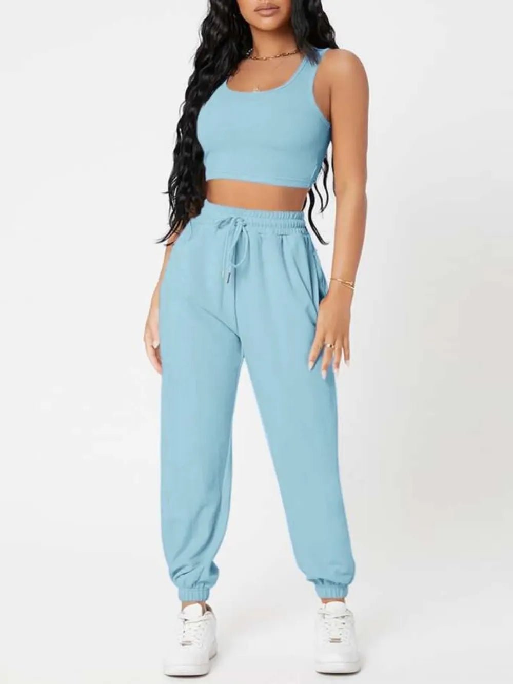Wide Strap Top and Drawstring Joggers Set - R - DRESS