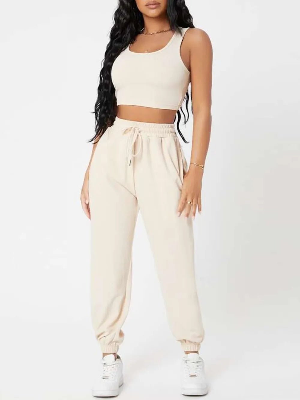 Wide Strap Top and Drawstring Joggers Set - R - DRESS