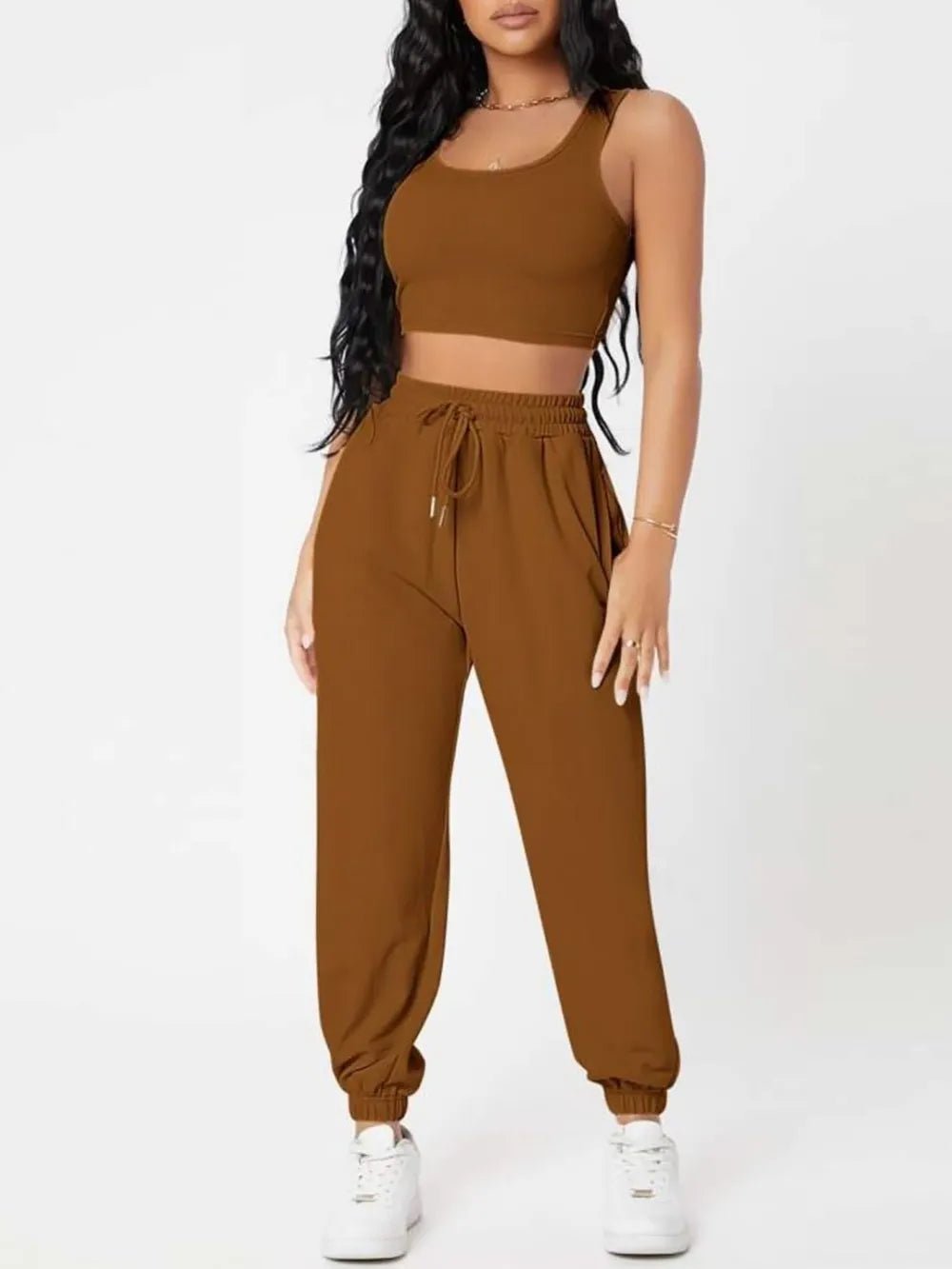 Wide Strap Top and Drawstring Joggers Set - R - DRESS
