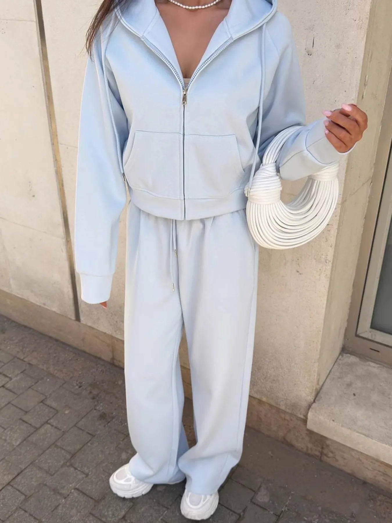Zip Up Drawstring Hoodie and Pants Set - R - DRESS