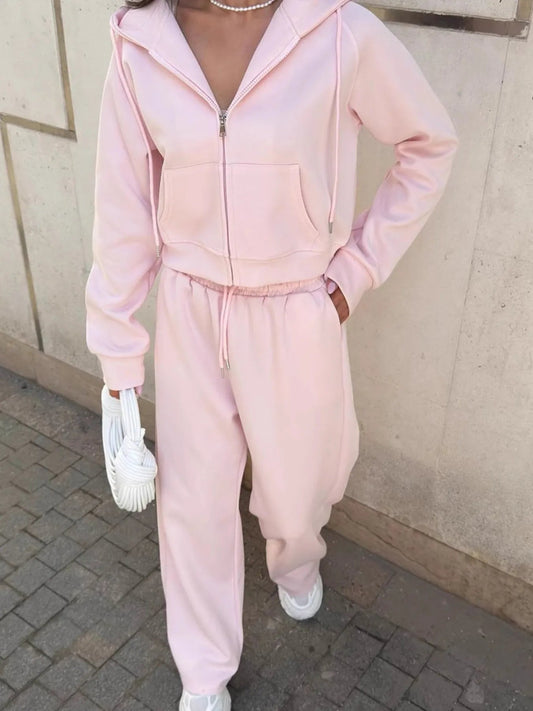 Zip Up Drawstring Hoodie and Pants Set - R - DRESS