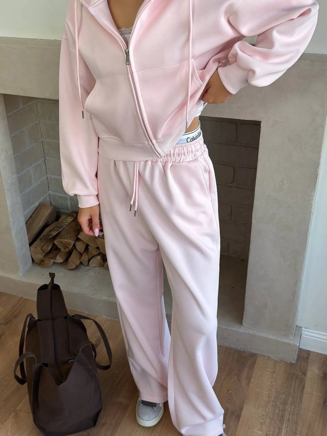 Zip Up Drawstring Hoodie and Pants Set - R - DRESS