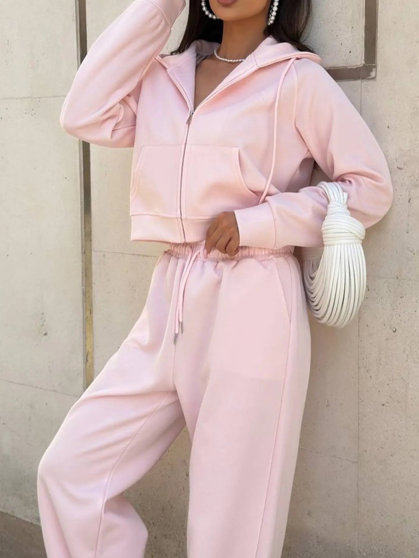 Zip Up Drawstring Hoodie and Pants Set - R - DRESS