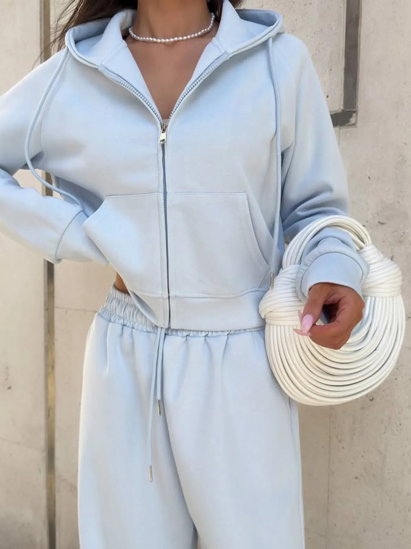 Zip Up Drawstring Hoodie and Pants Set - R - DRESS