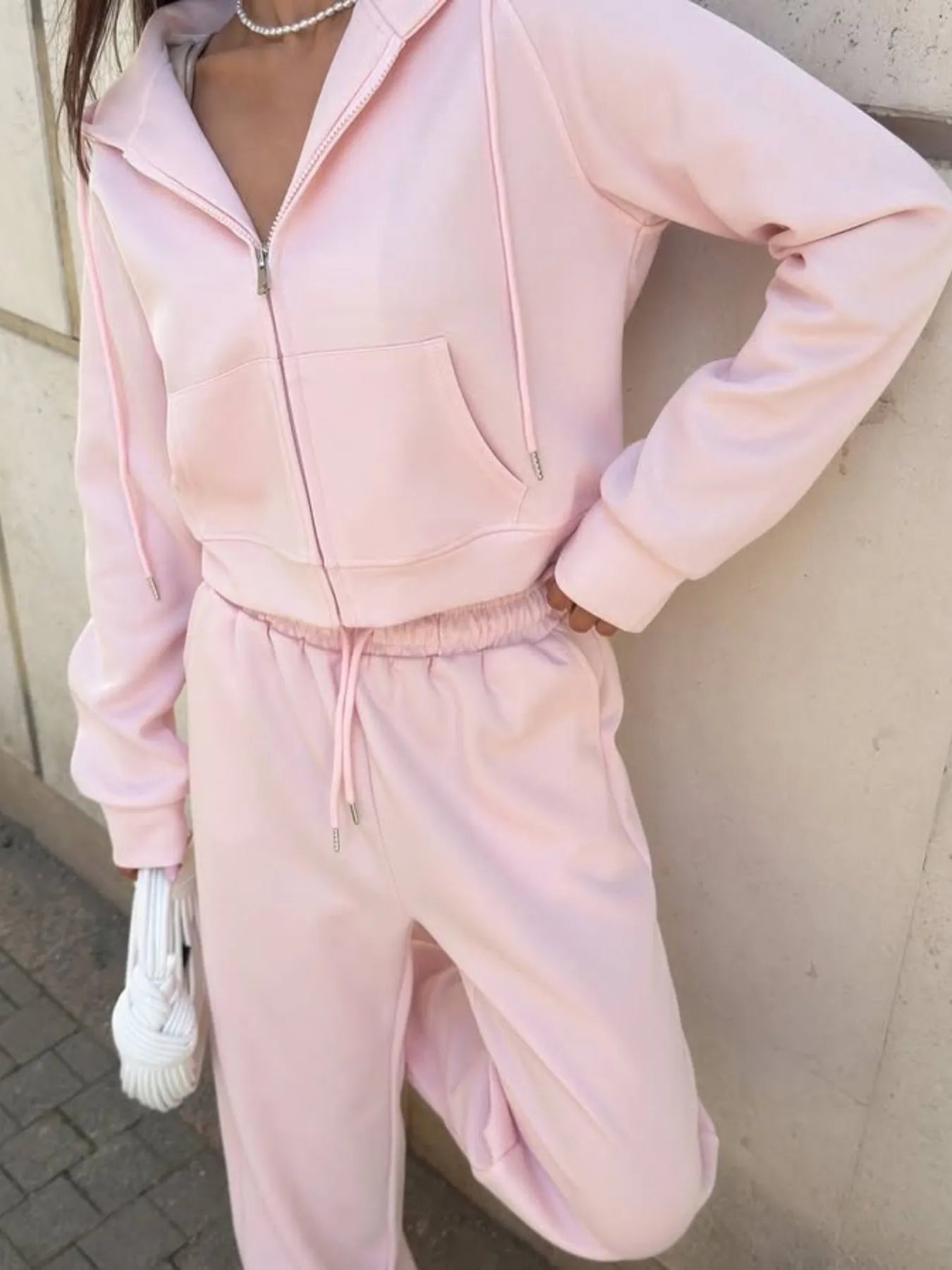 Zip Up Drawstring Hoodie and Pants Set - R - DRESS