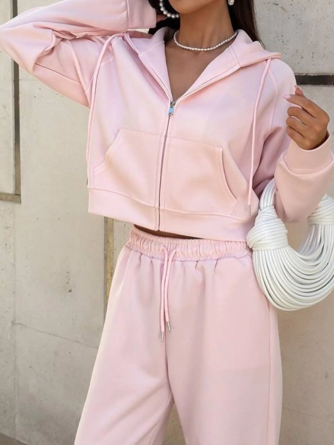 Zip Up Drawstring Hoodie and Pants Set - R - DRESS