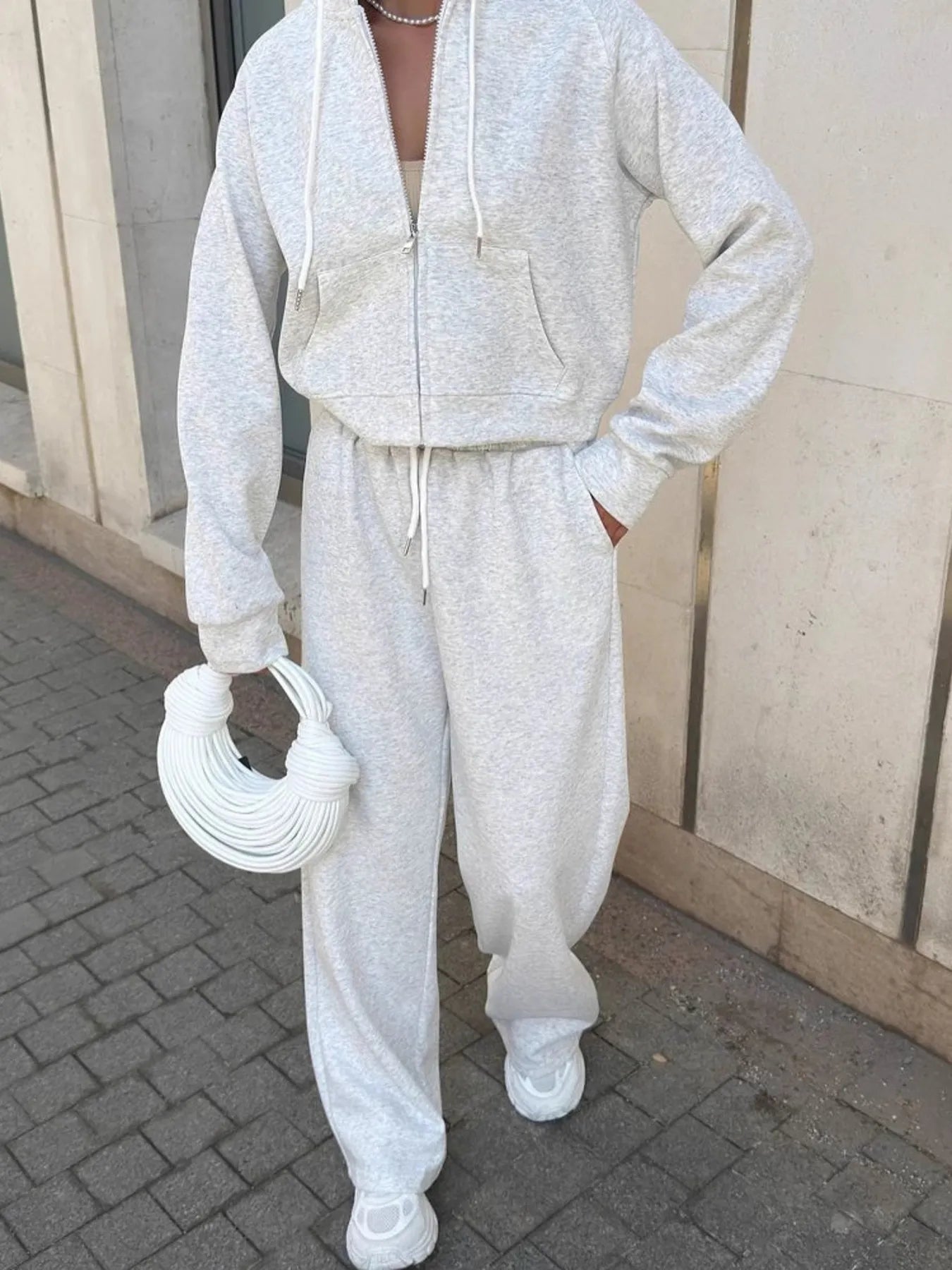 Zip Up Drawstring Hoodie and Pants Set - R - DRESS