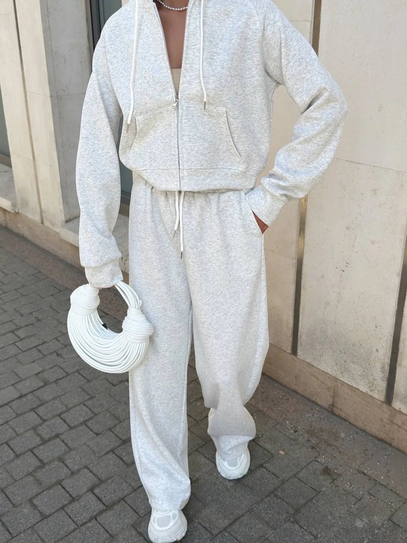 Zip Up Drawstring Hoodie and Pants Set - R - DRESS