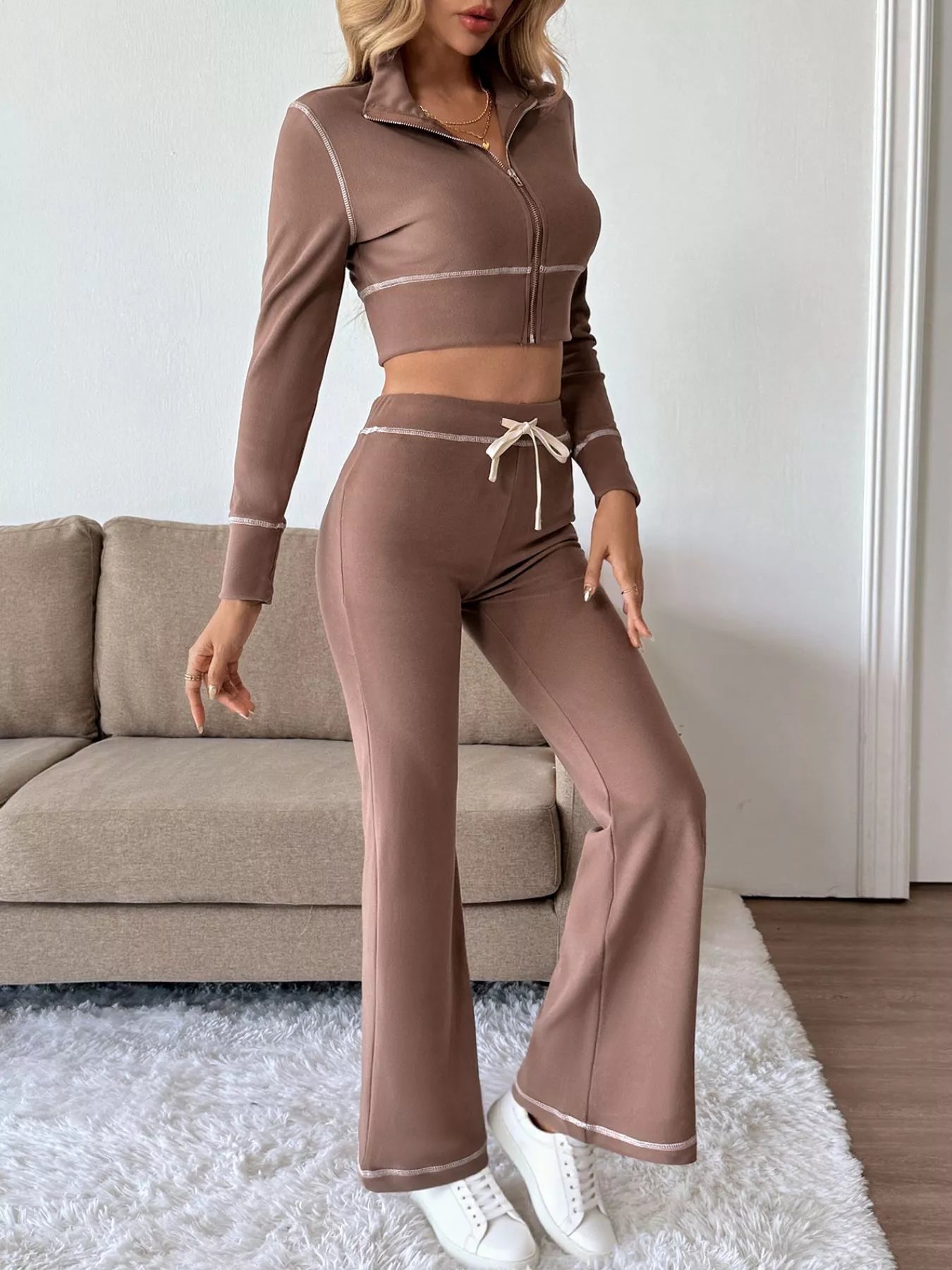Zip Up Long Sleeve Top and Pants Set - R - DRESS