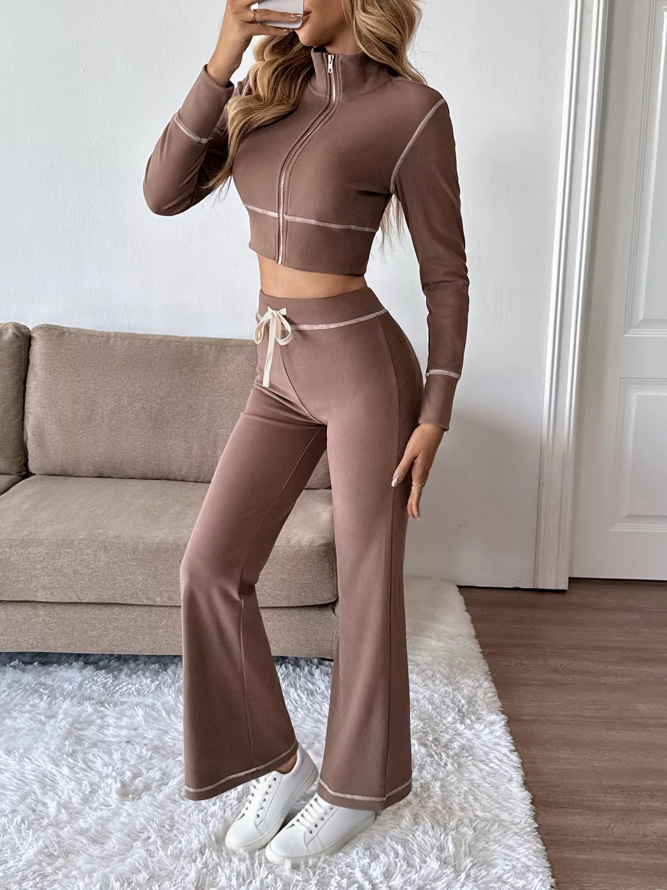 Zip Up Long Sleeve Top and Pants Set - R - DRESS