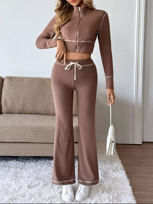 Zip Up Long Sleeve Top and Pants Set - R - DRESS