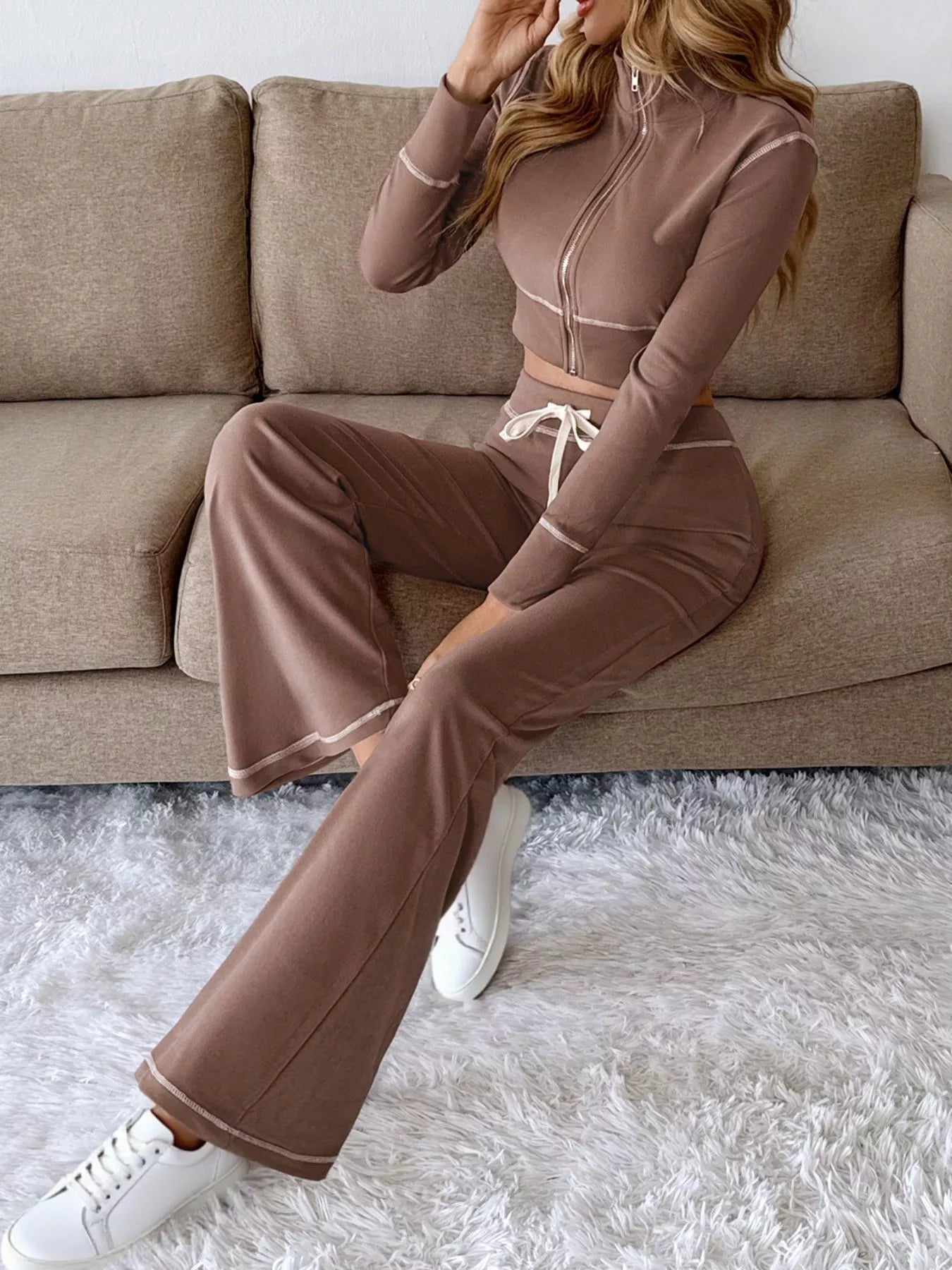 Zip Up Long Sleeve Top and Pants Set - R - DRESS